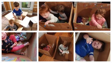 Photo collage of three grandchildren playing in boxes