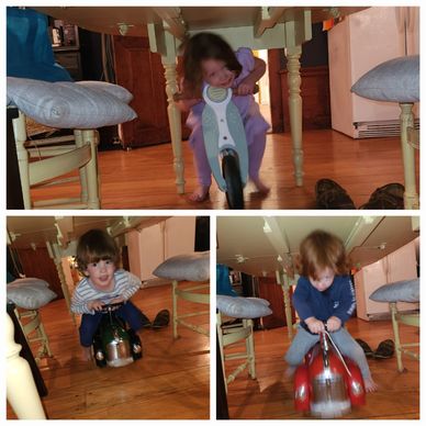 Photo collage of three grandchildren riding on little cars under their dining room table