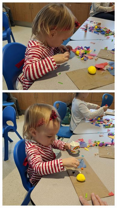 Photocollage of a one year old granddaughter working carefully on a paper bag puppet