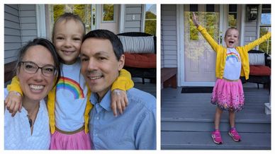 Photo collage of granddaughter on first day of kindergarten - parents and arms thrown wide