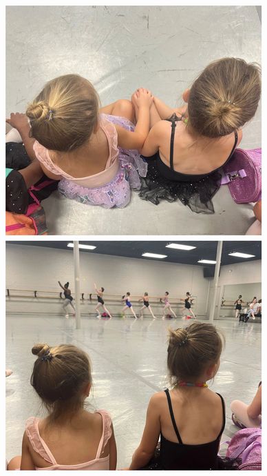 Photo collage of granddaughters sitting together at a ballet studio watching older dancers