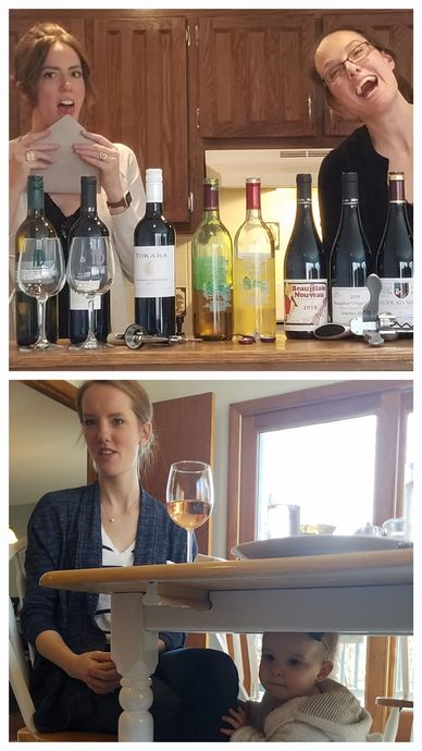 Two pictures: daughters in the kitchen with 8 bottles of wine and two goblets, above a daughter sitt