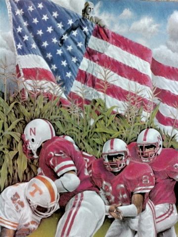 Sports art by Joe Belt - Tennessee Vols vs Nebraska Corn Huskers hand colored print