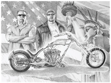 Orange County Choppers, pencil drawing by artist Joe Belt 