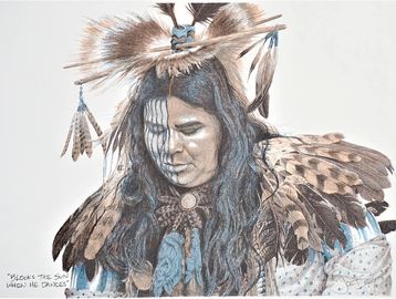 Native American, Southwest, Blocks the Sun when he Dances, art print by Joe Belt 