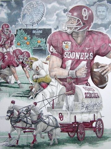 Sports print, hand colored Oklahoma Sooners drawing