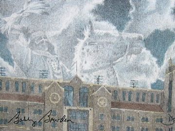 Sports Print by Joe Belt. "Riding High" FSU hand colored print of Doak S. Campbell Stadium 