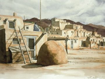 Southwest, Native American watercolor on canvas. Taos Adobe, by Joe Belt