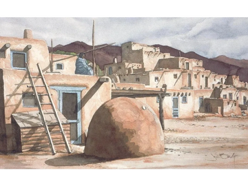 Southwest, Native American watercolor on canvas. Taos Adobe, by Joe Belt