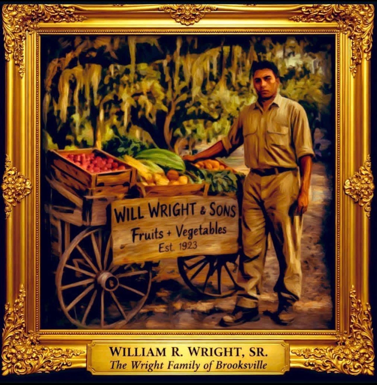 Painting of William R. Wright with a fruit and vegetable cart.