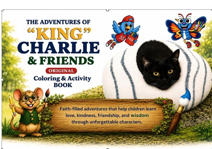Cover of a kids' coloring and activity book featuring a black cat and friendly cartoon characters.