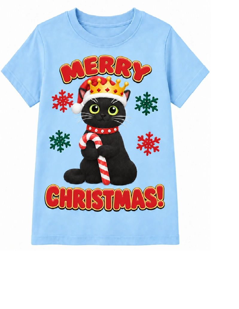 Light blue Christmas-themed t-shirt with a black cat and candy cane.
