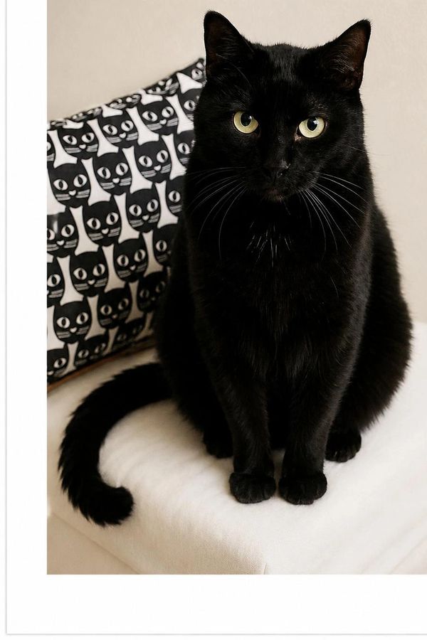A black cat sitting on a white surface with a black and white cat-patterned pillow behind it.