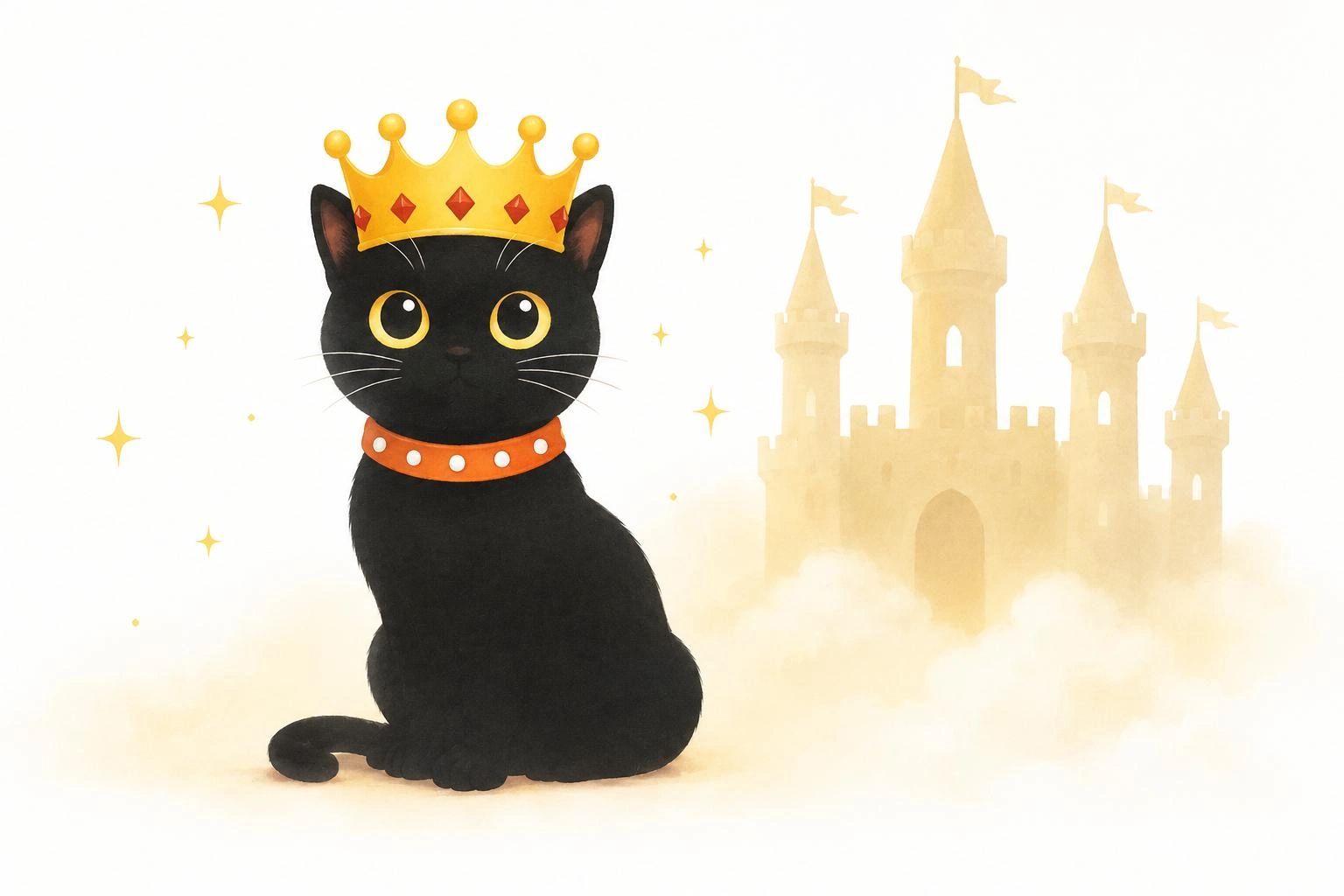 A black cat wearing a golden crown with a castle in the background.