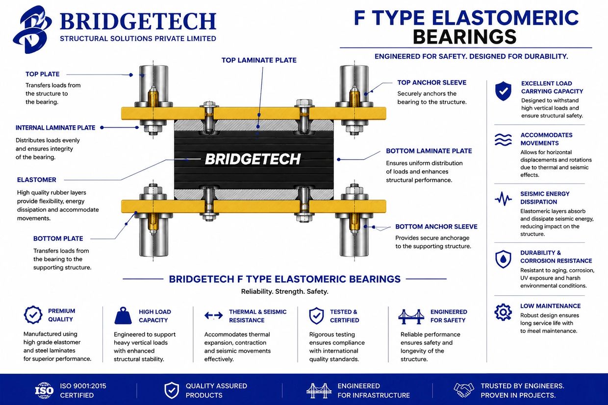 Diagram of Bridgetech F Type Elastomeric Bearings with labeled parts and benefits.
