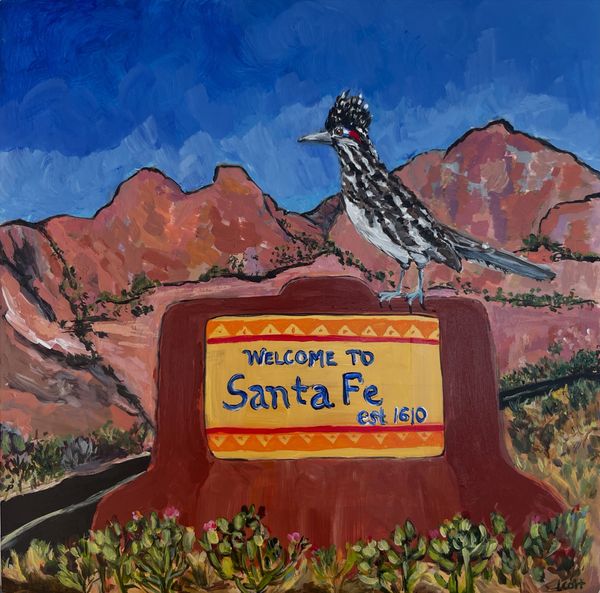 Welcome to Santa Fe sign with roadrunner