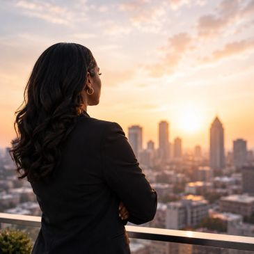 Woman looking at city skyline during sunset.