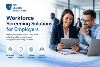 Two professionals reviewing workforce screening solutions on a tablet in an office.