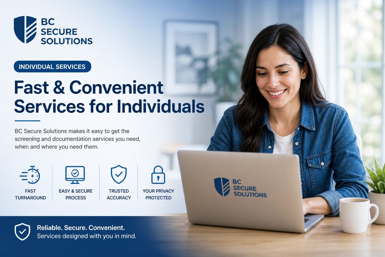 Woman using a laptop with BC Secure Solutions branding, highlighting fast, secure individual services.