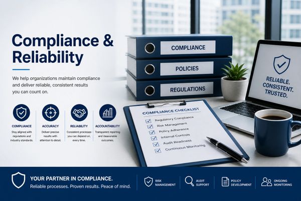 Office setup with compliance folders, checklist, and a laptop displaying reliability message.