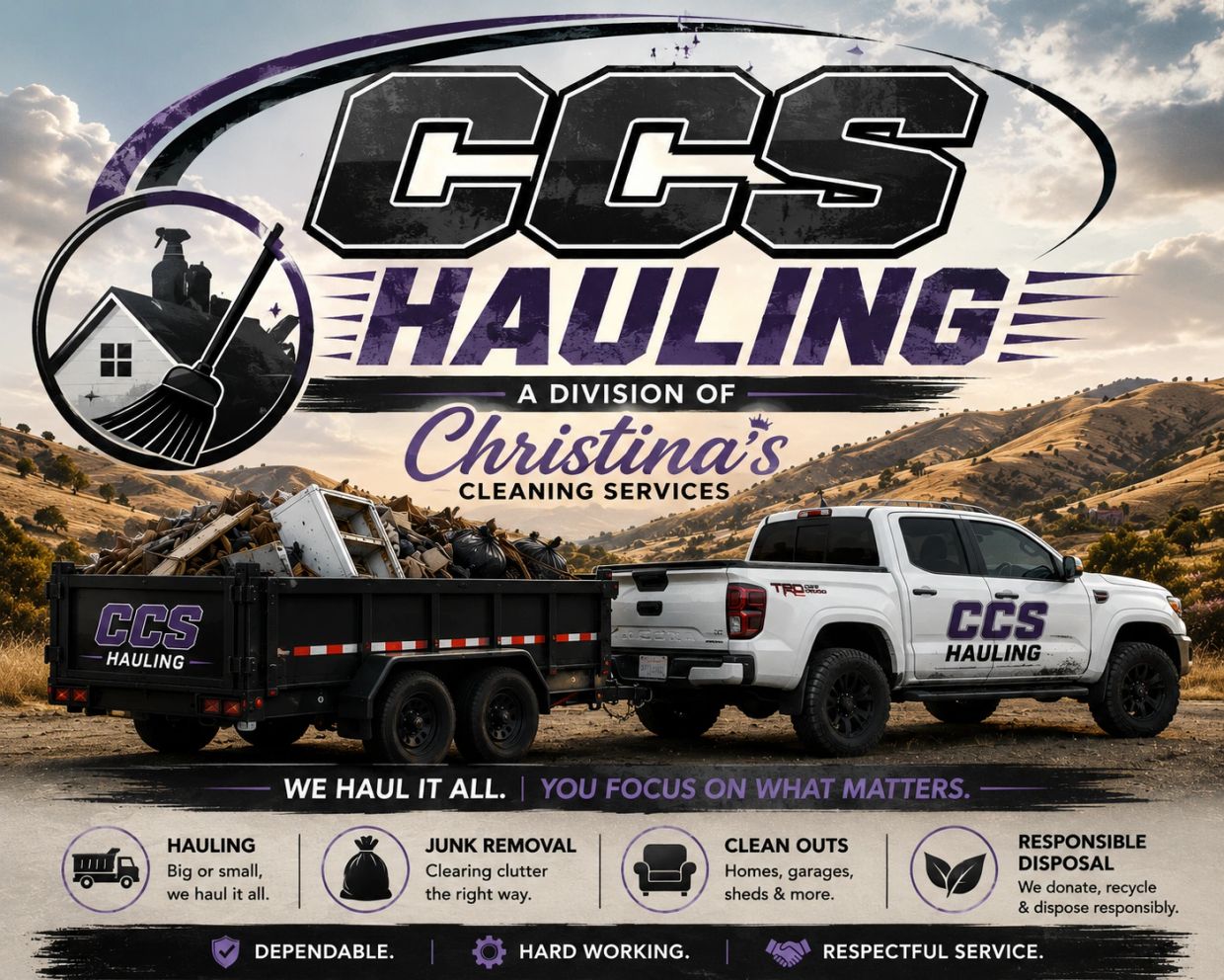CCS Hauling truck and trailer loaded with junk for hauling and cleanup services.