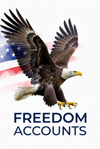 Bald eagle with American flag and 'Freedom Accounts' text.