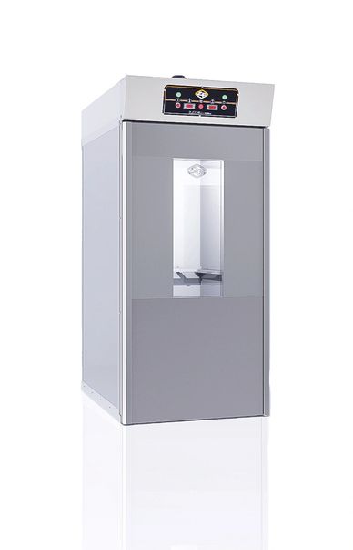 Modern stainless steel commercial oven with control panel and window.