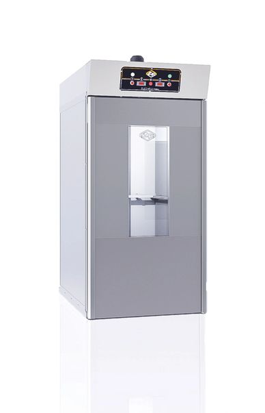 Industrial machine with control panel and glass window on front.