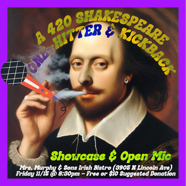 Graphic of Shakespeare smoking with event details for a showcase and open mic night.