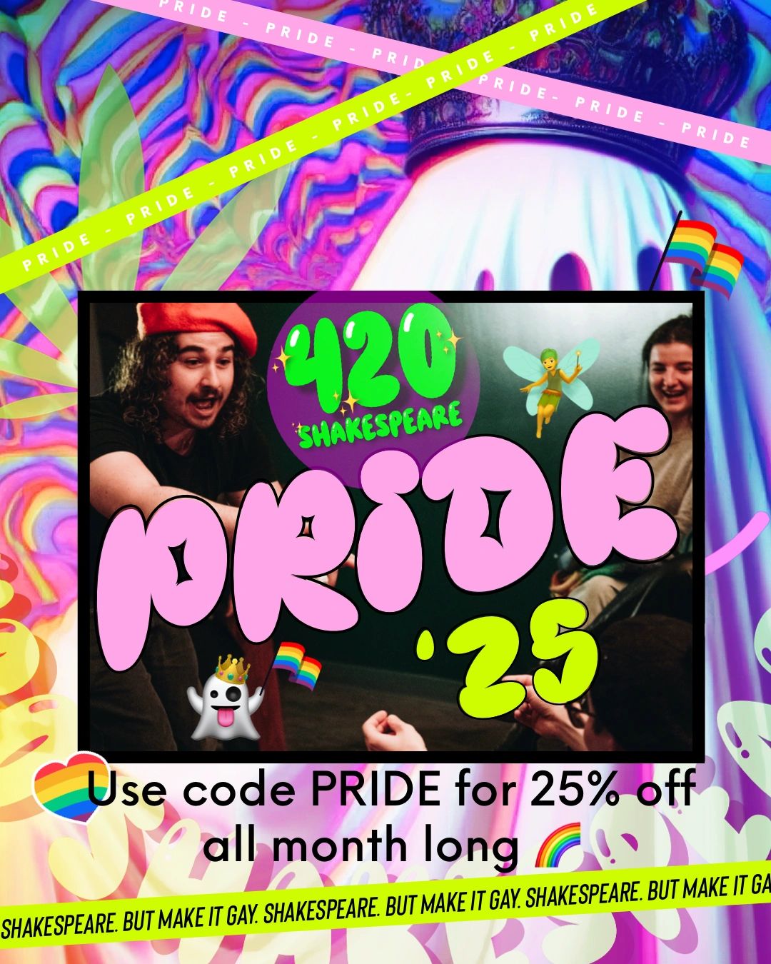 Pride month promo with 25% discount and colorful visuals.