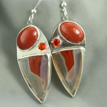 Malawi agate, fire opal and red jasper dangle earrings