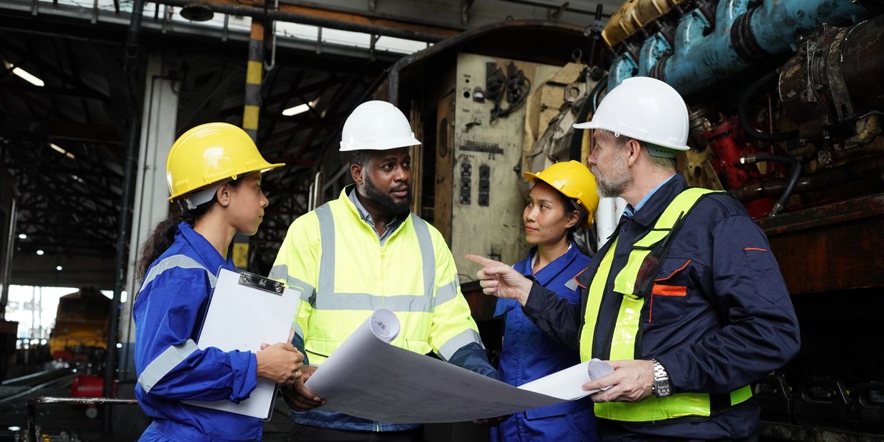 Team of coworkers talking in the factory holding a blue print