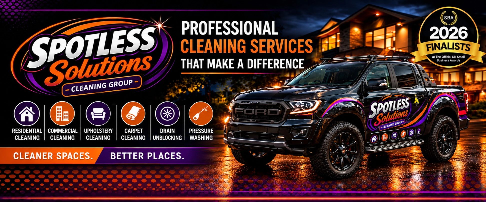 Spotless Solutions truck advertising professional cleaning services.