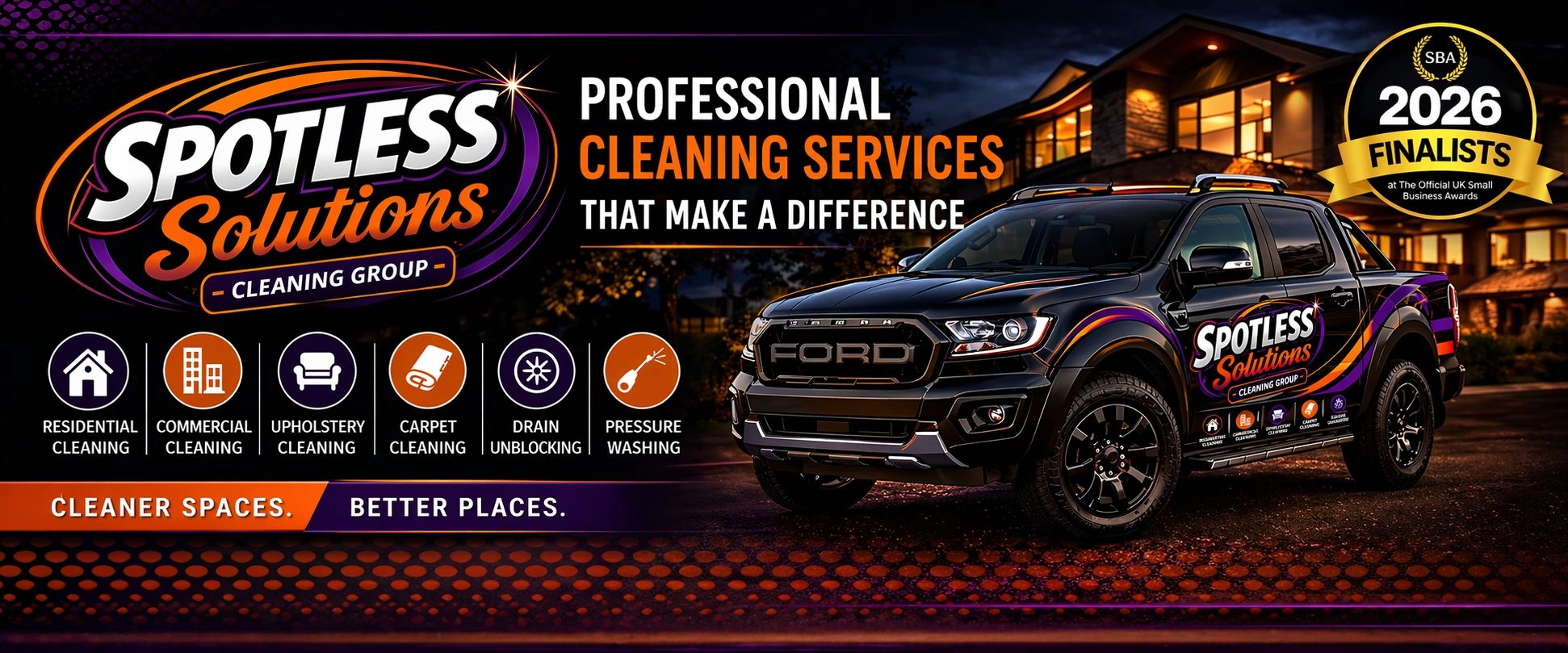 Spotless Solutions offers professional cleaning services with a branded Ford truck and various cleaning options.