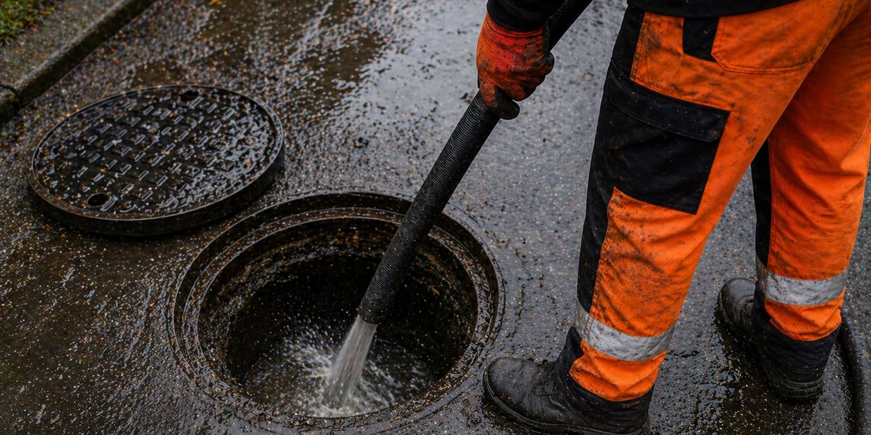 Worker cleaning a manhole with a high-pressure hose on a wet street.