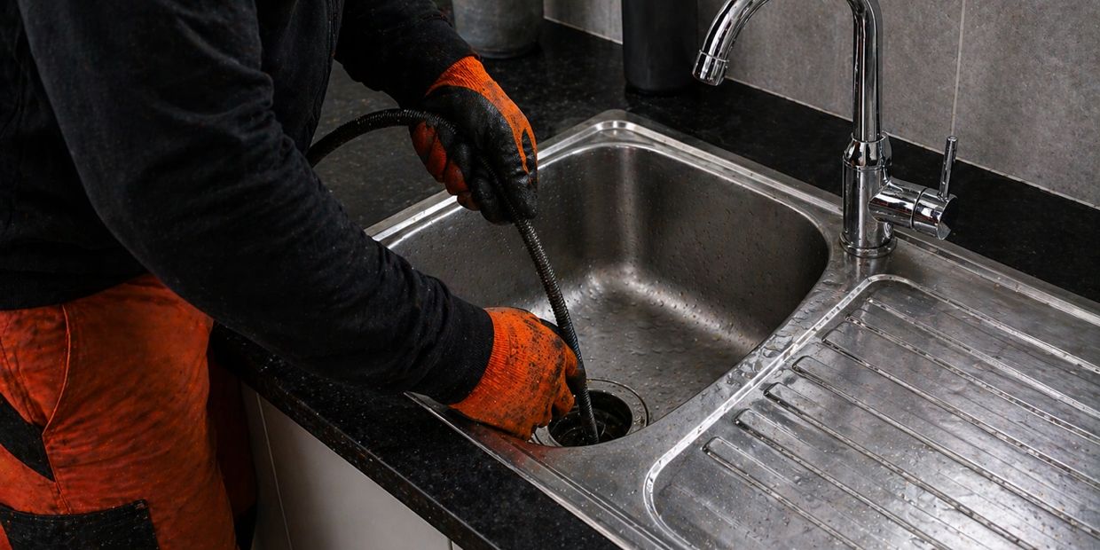 Person wearing gloves unclogs a kitchen sink with a plumbing tool.