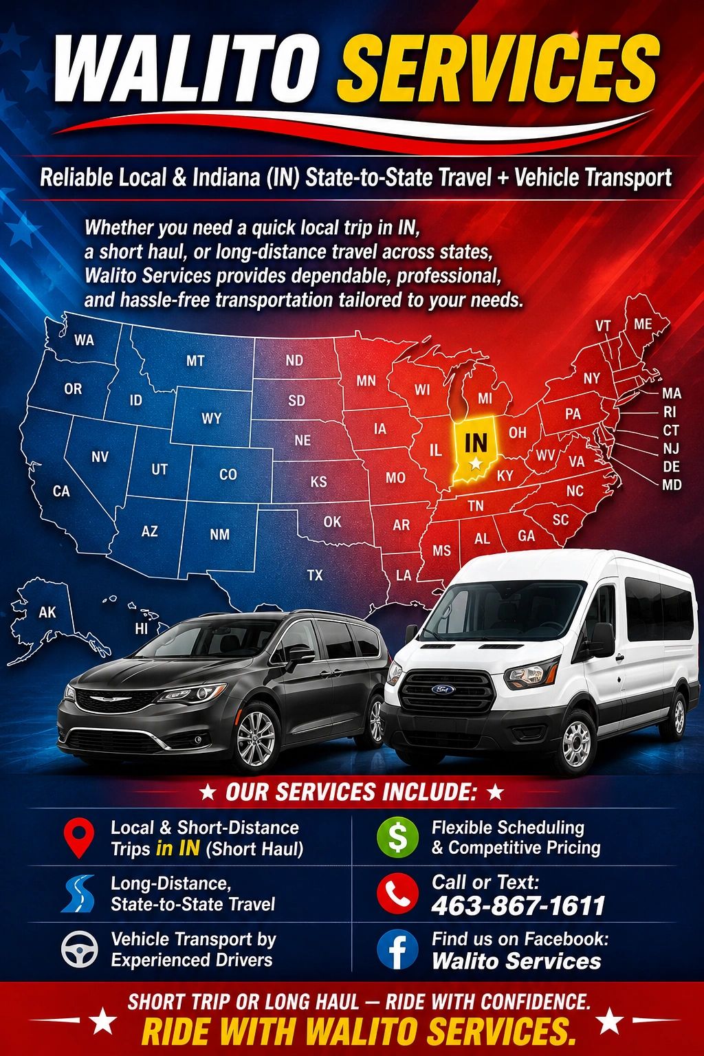 Walito Services offers reliable local and state-to-state travel with vehicle transport from Indiana.