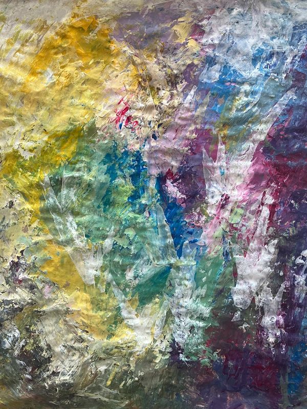 Colorful abstract painting with textured brush strokes.