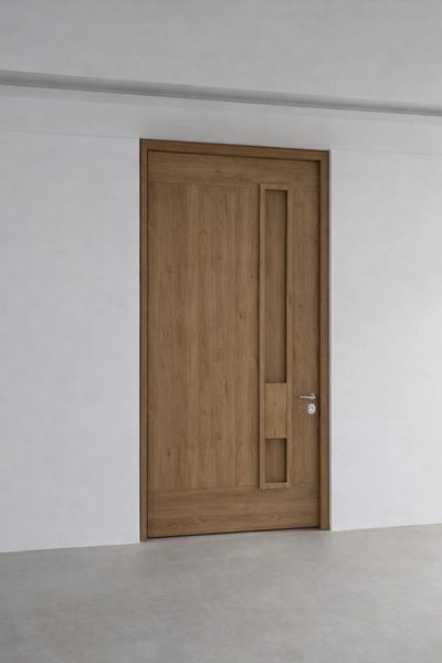 Modern wooden door with geometric cutouts in a minimalist setting.