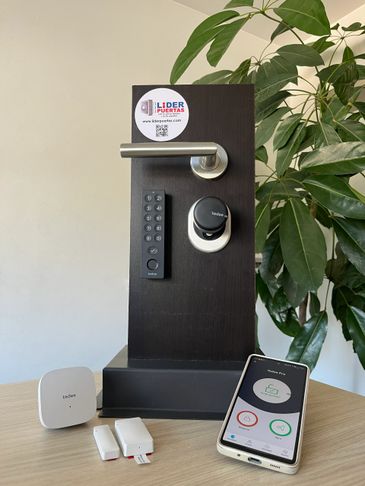 Smart door lock setup with keypad, remote, and smartphone control.