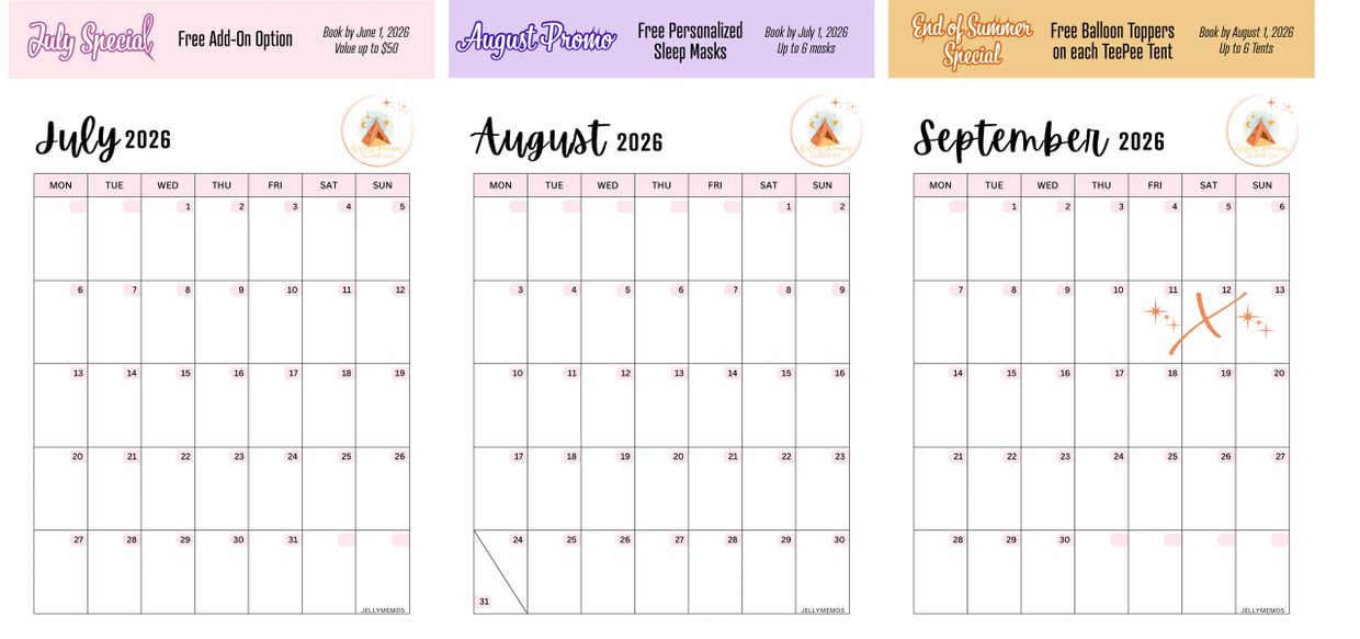 2026 calendar pages for July, August, and September with promotional offers.