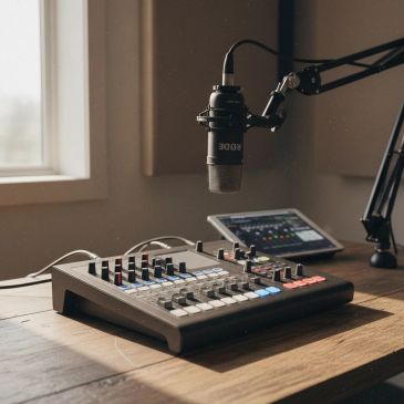 Podcast or recording setup with microphone and audio mixer.
