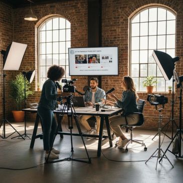 People recording a podcast in a studio with cameras and lighting.