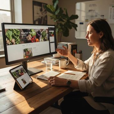 Woman working on a nutrition website at her desk.