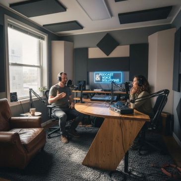 Two people recording a podcast in a studio.