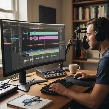 Person editing audio on a computer with headphones and microphone.