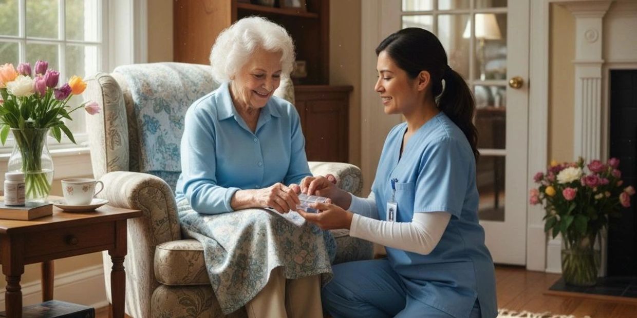 Nurse assisting elderly woman with medication in a cozy living room.