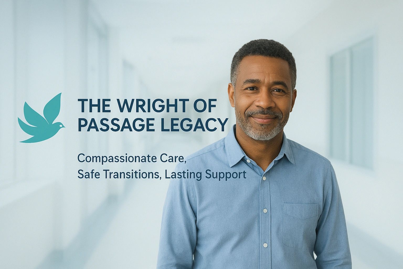 Smiling man promoting compassionate care and support at The Wright of Passage Legacy. Dedicated to Seniors and Adults for Mental Health. Boarding home