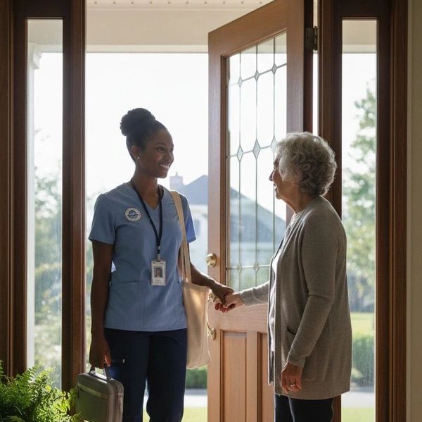 Nurse warmly greeting an elderly woman at the doorway.