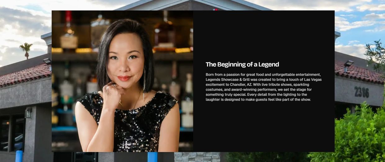 Portrait of a woman with a black sequin dress and text about Legends Showcase &amp; Grill in Chandler, AZ.